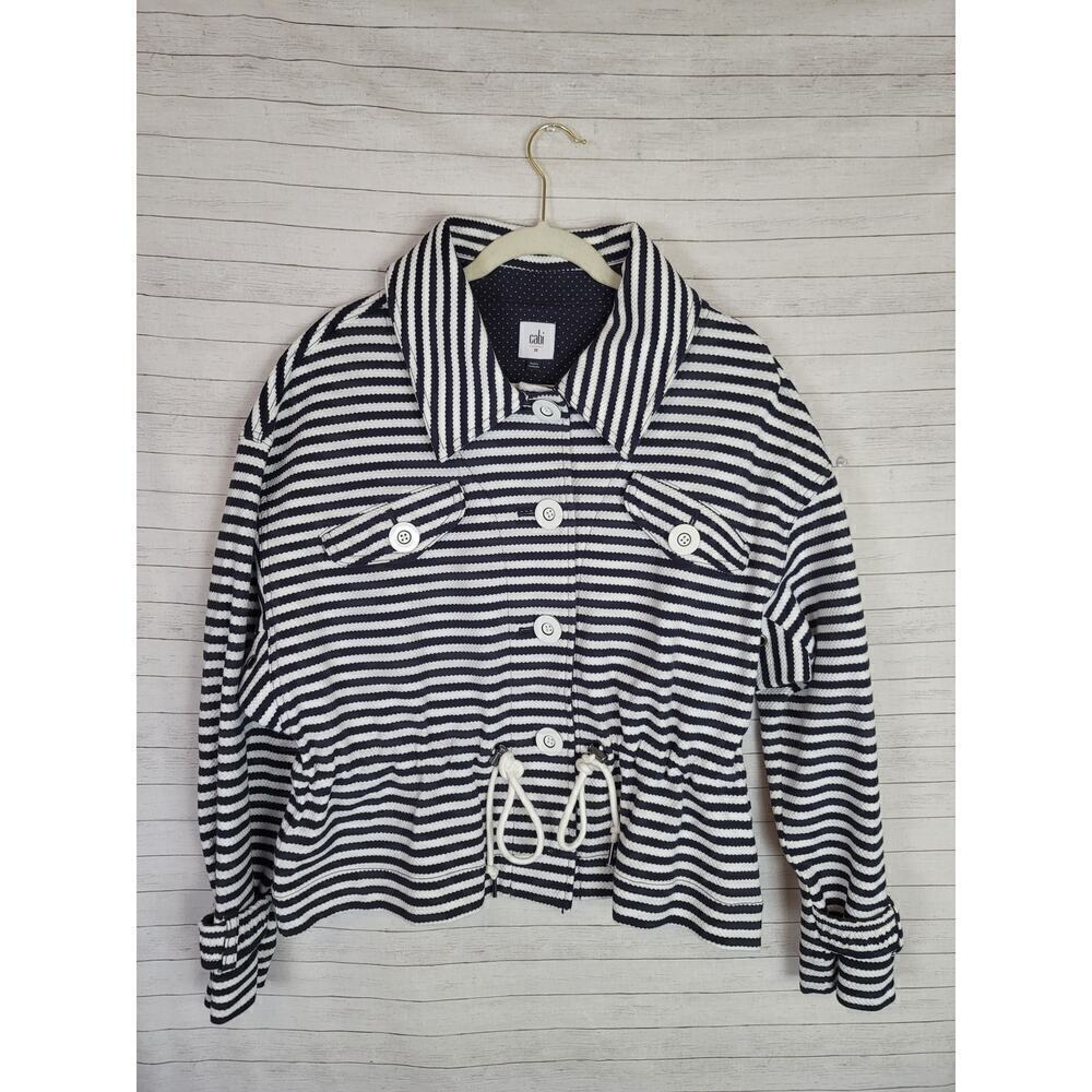 Cabi Harbor Cropped Jacket in Blue/White Striped, sz Medium